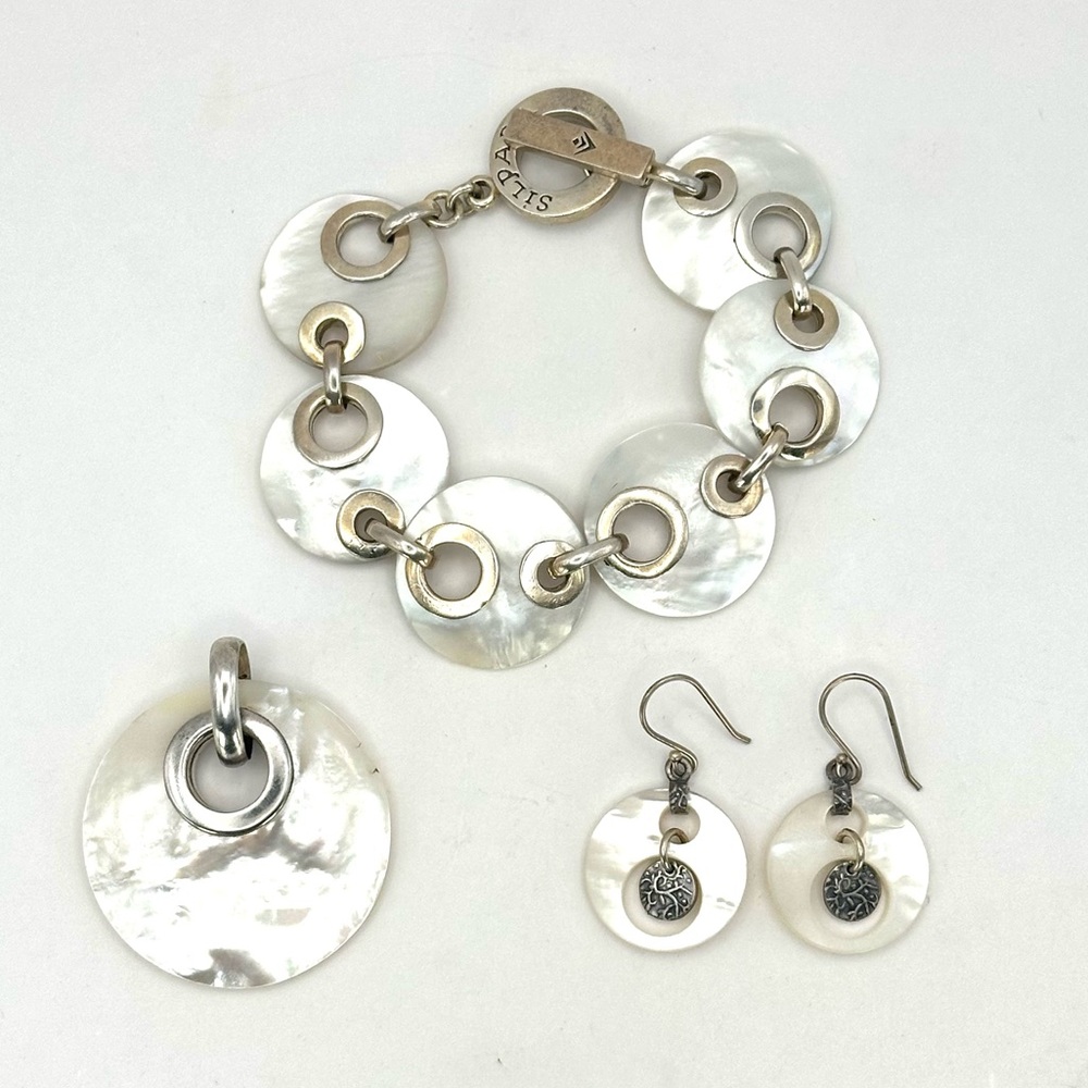 Silpada Retired B1694, S1693, W1843 Silver & MOP Bracelet Earrings Pendant Set